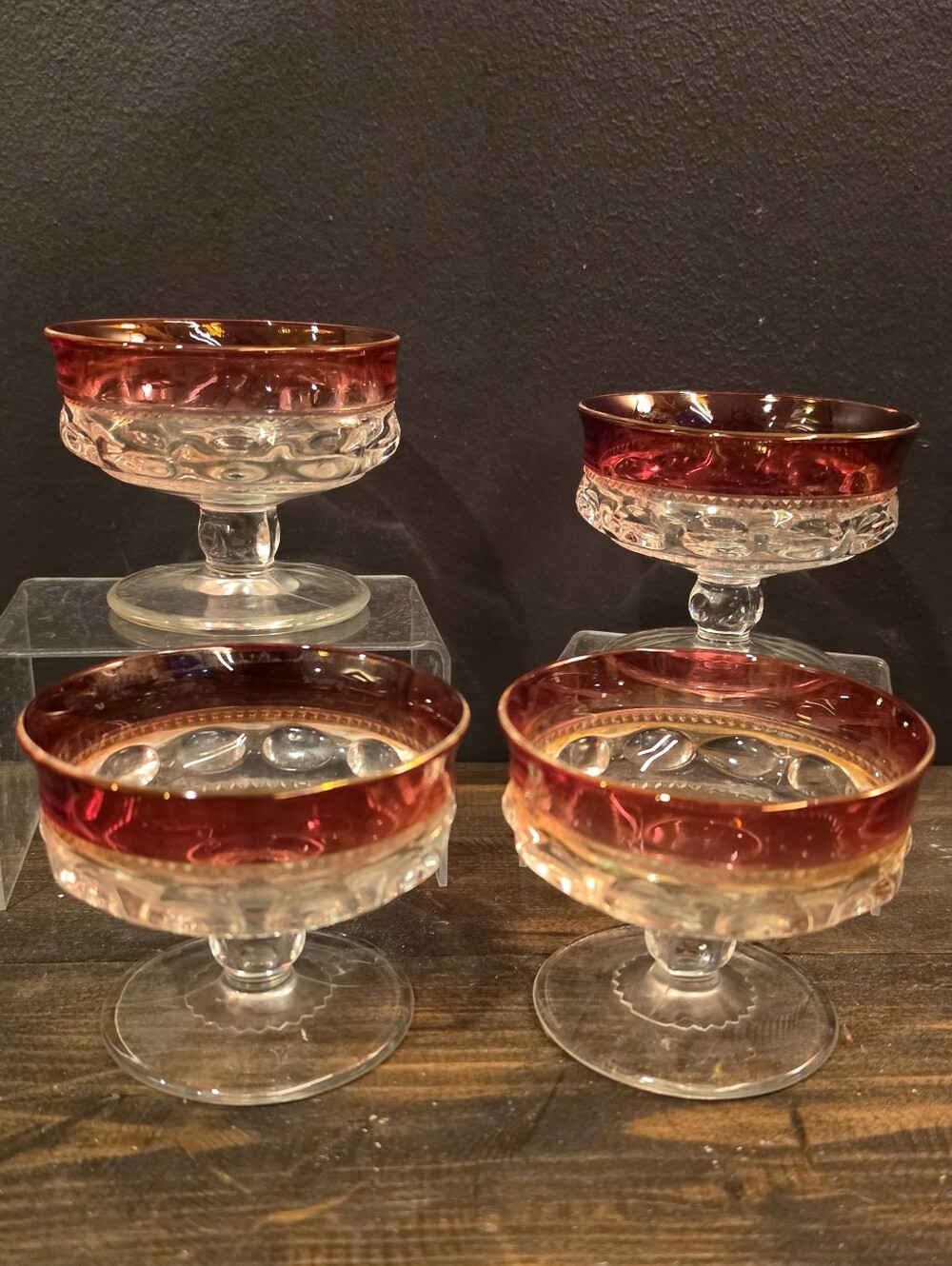 Vintage Tiffin Kings Crown Ruby Flash Champagne Sherbet Glasses Set of 4 MCM